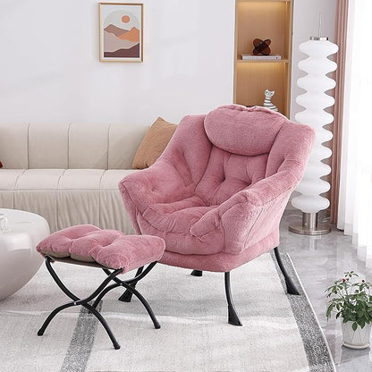 Lazy Chair with Folding Ottoman, Modern Accent Lounge Armchair with Armrests and a Side Pocket & Foldable Footstool, Leisure Reading Chair for Living Room, Bedroom & Dorm, Plush Dark Pink