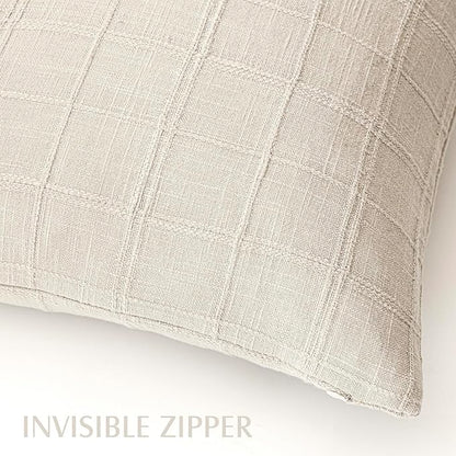 Foindtower Set of 2 Decorative Linen Check Throw Pillow Covers Neutral Farmhouse Vintage Cushion Covers Modern Boho Home Decor For Sofa Chair Couch Bedroom Living Room Outdoor,18×18 Inch,Natural Beige