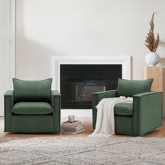 COLAMY Swivel Accent Chair Set of 2, 34 Inches Wide Upholstered Arm Chair with Plump Back Pillow, Modern Sofa Living Room Chair for Bedroom, Corner, Reading Nook-Green