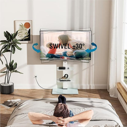 FITUEYES Floor TV Stand for 32-75 inch TV with Power Outlet, Tall TV Mount for Bedroom Living Room with Tempered Glass Base, TV Stand with Mount Holds Up to 88lbs MAX VESA 600x400mm,White
