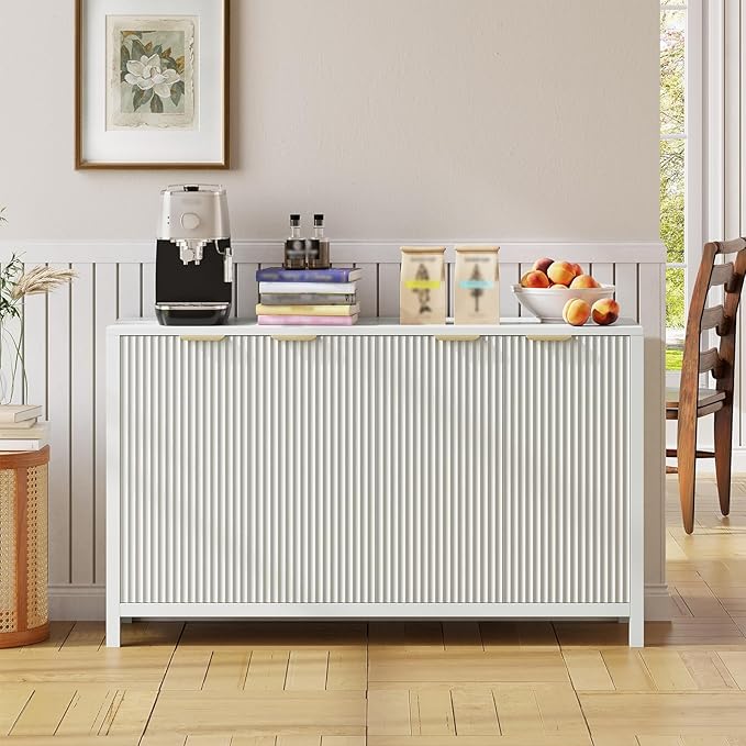 Buffet Cabinet with Storage, 55" Sideboard with 4 Doors and Adjustable Shelves, Modern Credenza Buffet Table Media Console for Dining Room Living Room Entryway, White
