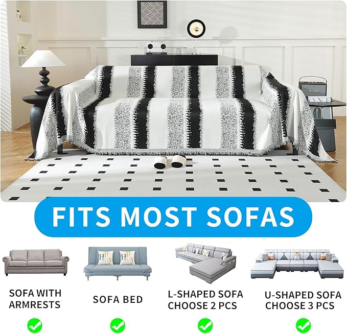 LUFEIJIASHI Boho Couch Covers for Sofa Non Slip Sofa Covers Washable Couch Covers for 3 Cushion Couch Sofa Pet Friendly Sectional Couch Cover Blanket Furniture Protector for Dogs (Black, 71"x118")