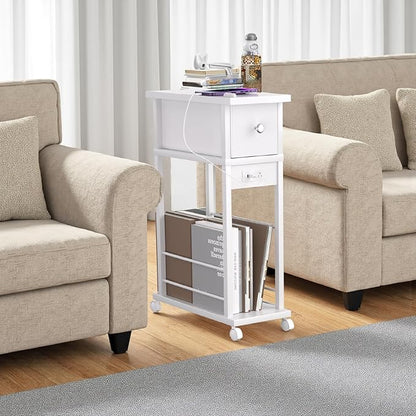 Side Table Set of 2,Side Table with Charging Station and Drawer, Narrow End Table with USB Ports and Outlets for Small Space, Living Room, Bedroom and Office, with 4 Wheels