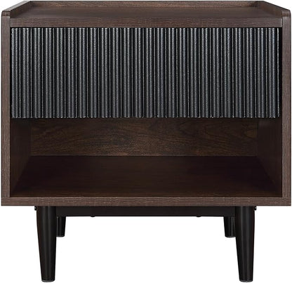 Manhattan Comfort Duane Modern Ribbed Nightstand, Bedside Table with Full Extension Drawer and Open Shelf, Industrial Chic Living Room and Bedroom Furniture, Black