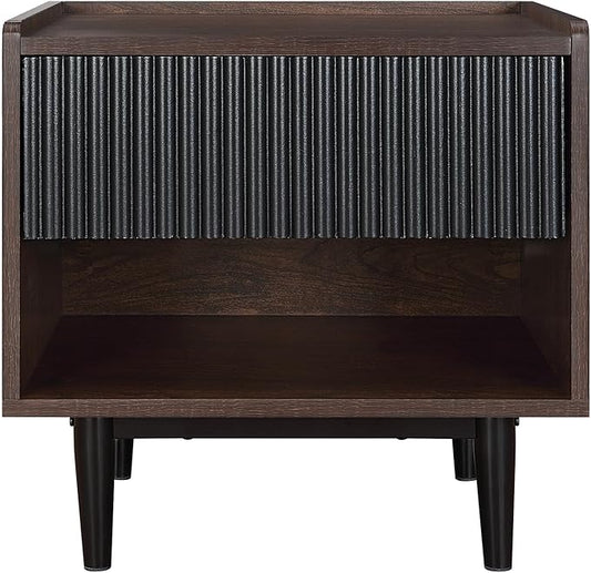 Manhattan Comfort Duane Modern Ribbed Nightstand, Bedside Table with Full Extension Drawer and Open Shelf, Industrial Chic Living Room and Bedroom Furniture, Black