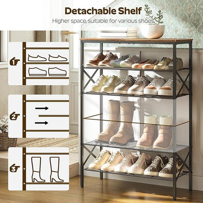 6-Tier Shoe Rack, Shoe Storage Organizer for Closet, Free Standing Shoe Organizer with Metal Mesh Shelves, 24 Pairs of Shoes, Rustic Brown and Black SS06BR