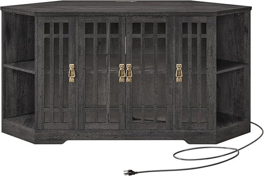 IRONCK Corner TV Stand for TVs up to 60 Inch with Power Outlet, Corner Entertainment Center with Storage Cabinet and Glass Doors, Mid Century Modern TV Stand for Living Room, Bedroom, Charcoal Grey