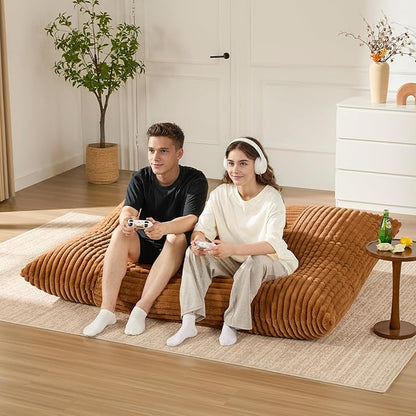 3-in-1 Giant Bean Bag Chair for Adults & Kid, Convertible Floor Sofa to Mattress, High-Density Foam Chair Bed with Washable Cover, Multi Functional Lounge Couch for Bedroom, Living Room (Orange)