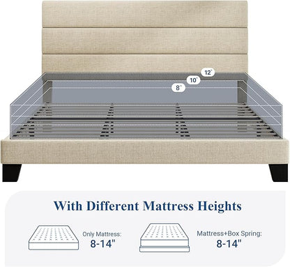 Allewie King Size Platform Bed Frame with Fabric Upholstered Headboard and Wooden Slats Support, Fully Upholstered Mattress Foundation/No Box Spring Needed/Easy Assembly, Beige