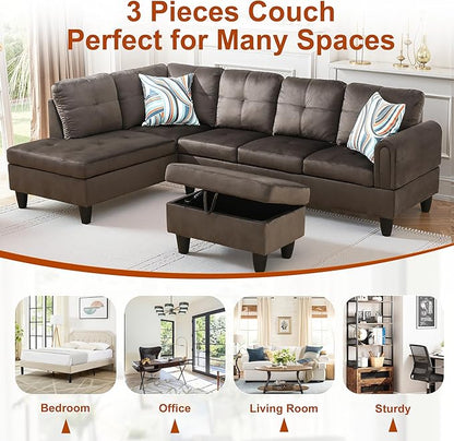Osparple L Shaped Couch Sectional Couches for Living Room Upholstered Flannel 3 Pieces Modular Sectional Sofa with Chaise, Ottoman with Storage for Living Room and Small Apartment, Dark Brown