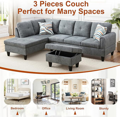 Osparple L Shaped Couch Sectional Couches for Living Room Upholstered Fluffy Fabric 3 Pieces Modular Sectional Sofa with Chaise, Ottoman with Storage for Living Room and Small Apartment, Dark Grey