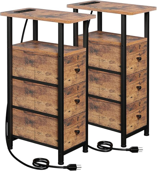 Narrow End Tables Living Room Set of 2 with Charging Station, Skinny Side Table with Fabric Drawers, Slim Nightstand for Bedroom, Small Spaces, Couch, Rustic Brown, HETNDP03PBR