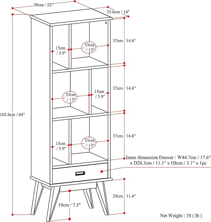 SIMPLIHOME Draper Bookcase - 64 inch Tall Solid Hardwood Storage Bookshelf in Medium Auburn Brown, Mid-Century Modern Storage for Living Room, Study or Office with Adjustable Shelves and Angled Legs