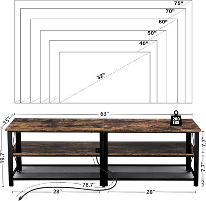 Clikuutory Modern Brown 63 inch Metal TV Stand with LED Lights and Power Outlets for 40 50 55 60 65 70 Inch TVs, 3 Tier Television Stands with Entertainment Center and Storage for Living Room, Bedroom