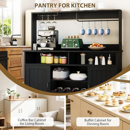 47" Farmhouse Buffet Sideboard Cabinet with Power Outlets Coffee Bar Cabinet with Storage, Large Buffet Storage Cabinet Table with Wine Racks, Goblet Holder, Hooks for Kitchen, Dining Room, Black