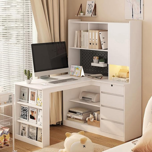 KEIKI L Shaped Home Office Desks with LED Light, Pegboard, Hutch, Drawers, Bookshelf & Storage Shelves, Modern Wooden Gaming Computer Corner Table for Work, Study, Writing