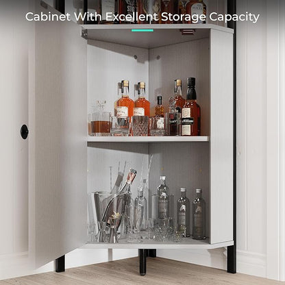63” Tall Corner Bar Cabinet, Farmhouse Liquor Cabinet with Wine Rack (Holds 50+ Bottles), Glass Holder, Adjustable Shelves & Barn Door, Home Bar for Living Room/Kitchen, Ivory White