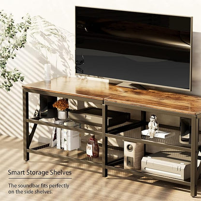 TV Stand for TVs up to 65 Inch, 55" Long Industrial TV Console Table with 3-Tier Storage Shelves, Entertainment Center for Living Room, Bedroom (Rustic Brown)
