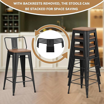 24 Inch Swivel Bar Stools Set of 4 with Backs Counter Height Industrial Metal Barstools Island Bar Chairs for Home Kitchen Dining Room (Swivel 24 inch,Matte Black Wooden)