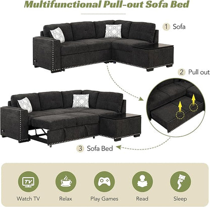 Merax Modern 83.8" Sectional Couch Bed with Storage Chaise/USB Ports/Cup Holder, L-Shape Pull Out Sleeper Sofa for Living Room, Black