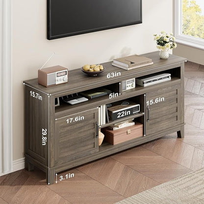 GarveeHome TV Stand for 63 in, Entertainment Center with Adjustable Shelves, Farmhouse TV Stand with Cabinet Doors,for Living Room, Bedroom (Grey, 63)