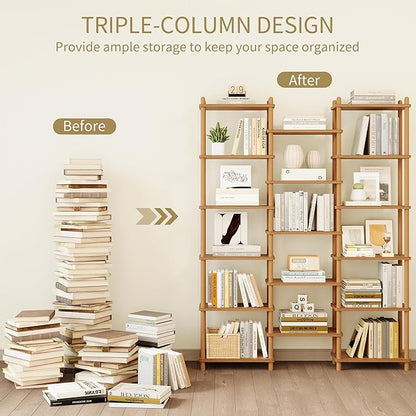 IOTXY Wooden Triple Wide Bookshelf - 6-Tier Large Shelf Bookcase with Solid Beech Frame, Tall Freestanding Open Etagere Display Rack for Home Office, Oak