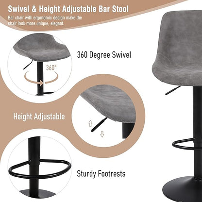 Bar Stools, Swivel Counter Height Barstools with Back, Adjustable Modern Bar Chairs, Tall Armless PU Leather Kitchen Island Stool (Grey, Set of 4)