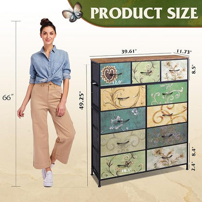 WLIVE Storage Organizer Unit with 11 Fabric Bins, Storage Drawers Organizer with Steel Frame, Tall Storage Tower Organizaton for Living Room, Hallway, Office, Floral Painted