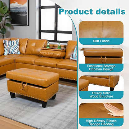 L Shaped Couch PU Leather Sectional Couch Upholstered 3 Pieces Sofas for Living Room with Chaise, Storage Ottoman for Office and Small Apartment, Ginger