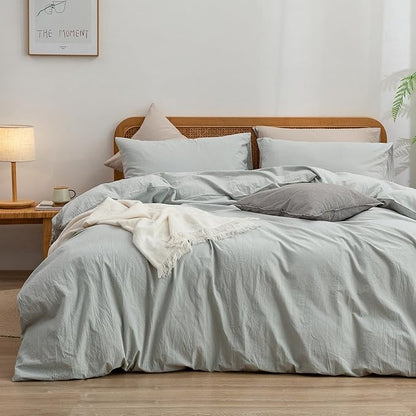 BESTOUCH Duvet Cover Set 100% Washed Cotton Linen Feel Super Soft Comfortable Chic Lightweight 3 PCs Home Bedding Set Solid Northern Droplet Grey Oversized Full