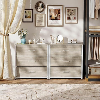 Nightstand, End Table, Bedside Table, Tall Fabric Dresser with 3 Drawer, White Drawers Small Chests of Drawers Organizer Storage Tower with Steel Frame, Wooden Top & Front for Bedroom