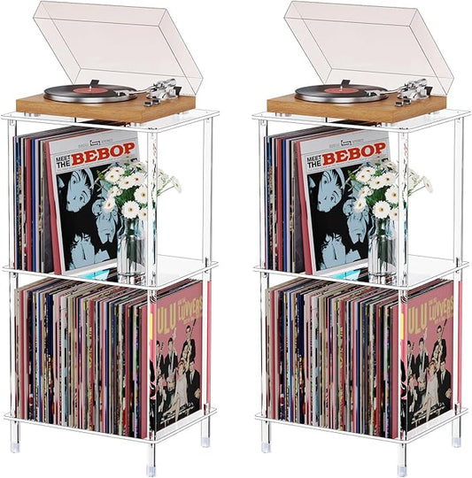 Acrylic Record Player Stand Set of 2, 3-Tier Clear Turntable Table with Vinyl Record Storage, 15.75" L x 11.81" W x 30.7" H, Tall Modern Side Table/End Table for Living Room, Bedroom