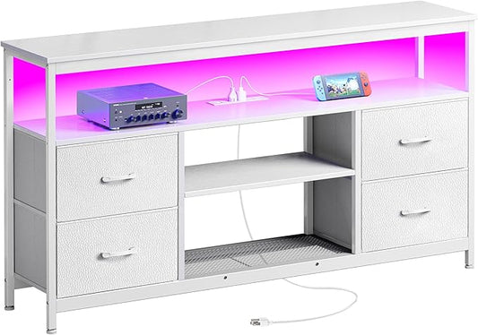 Huuger TV Stand Dresser with Power Outlets and LED Lights, 4 Drawers Entertainment Center with Shelves, 54 Inch Media Console for 55 60 Inch TV, 4 AC Outlets, 2 USBs, Dresser with PU Finish, White