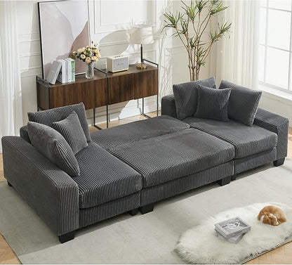 Symmetrical U Shaped Sectional Sofa Convertible Pull Out Sleeper Sofabed with Double Chaise Daybed , Corduroy Upholstered U Shaped Lounge Sofa Couch Bed w/ Throw Pillows for Living Room Apartment