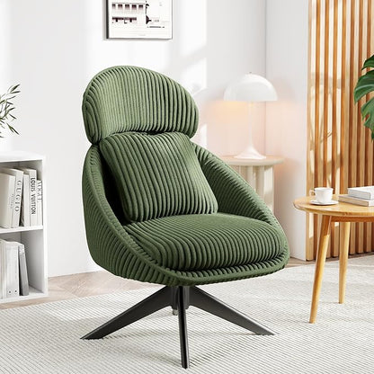 Furniliving Upholstered Swivel Accent Chair for Living Room, Modern Armchair Side Chair with Headrest Bedroom Chair with Metal Legs Comfy Sofa Chairs with Pillow, Large, Corduroy, Green