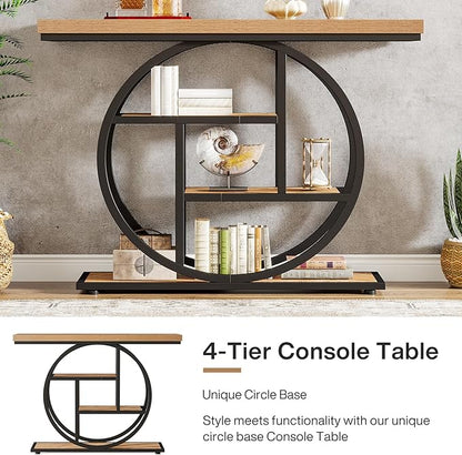 Tribesigns 41.3" Console Table, Industrial 4-Tier Sofa Table Entryway Table with Circle Base, Narrow Wood Accent Tables with Storage Shelves for Living Room, Hallway, Foyer, Light Brown