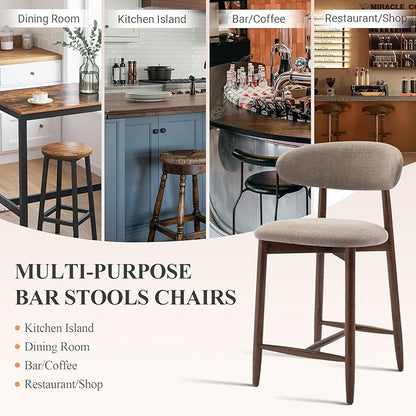 COLAMY Counter Height Bar Stools Set of 4, Kitchen Bar Stools with Back, Mid Century Modern Upholstered, with Wood Legs for Kitchen Island Dining Room, Camel