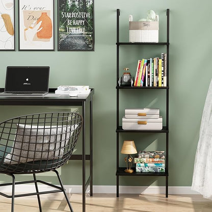 Ladder Shelf 4 Tiers Metal Industrial Bookshelf,Black Wooden Tall Open Storage Rack and Display Shelves,Wall Mount Wide Book Case for Home Office Bedroom,Small