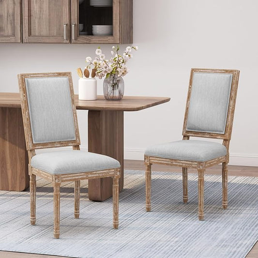 Merax Upholstered Solid Wood Dining Chairs Set of 2, French Country Style Accent Side Seating Furniture for Kitchen, Living Room, Cushioned Back, Light Grey