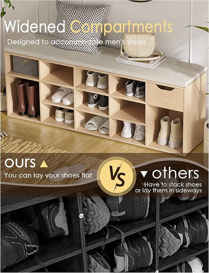 DINZI LVJ Shoe Bench, Entryway Storage Bench with Drawer and 14 Cubbies, Long Cubby Shoe Rack with Adjustable Shelves, Shoe Organizer for Living Room, Bedroom, Mudroom, Garage,Natural