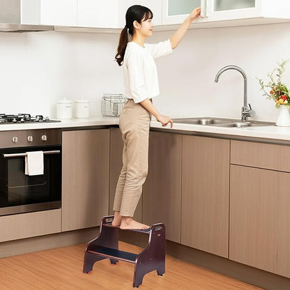 2-Step Wooden Step Stool for Adults & Kids – Non-Slip Bed, Bathroom, Kitchen, and Closet Use – Heavy-Duty Portable Step with Handles – 400 lb Capacity