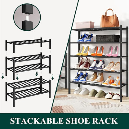 Smiry Shoe Rack, 3 Tier Bamboo Shoe Organizer, Stackable Free Standing Wooden Shoe Storage Shelf for Closet, Entryway, Front Door Entrance, Black