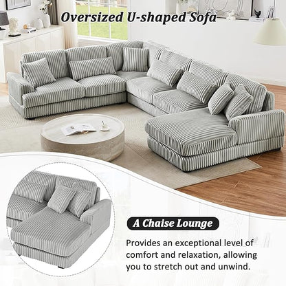 129" Oversized U Shaped Modular Sectional Sofa Couch for Living Room 7 Seater Plush Corduroy Upholstered Large Sofa Deep Seat Cloud Couch with Extra Wide Chaise Lounge and Detachable Thick Cushions