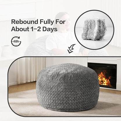 Hobestluk 3ft Bean Bag Chairs for Adults Large Beanbag Chair with Chevron Plush Fur Cover Big Bean Bag Chair for Living Room Bedroom Dorm Office - Grey (36” x 36” x 22”)
