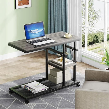 Tribesigns Height Adjustable C Table with Wheels, Mobile Couch Snack Side Table with Tiltable Drawing Board, Sofa Bedside Laptop Stand C Shaped TV Tray with Storage Shelves (Grey)