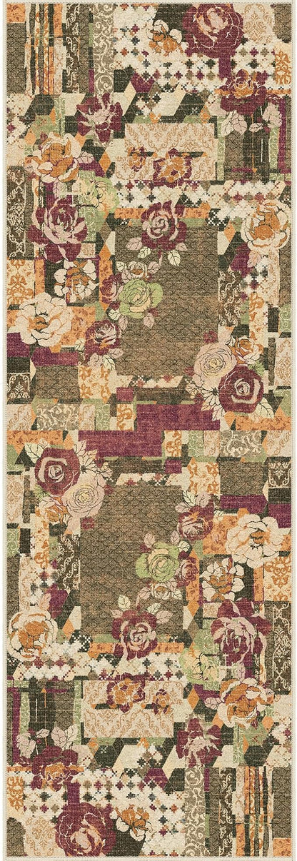 GENIMO Floral Runner Rug 2X6, Machine Washable Non Slip Vintage Patchwork Hallway Runner, Ultra-Thin Low Pile Runners for Indoor Entryway, Hallway, Kitchen and Corridor, Auburn Cinnamon