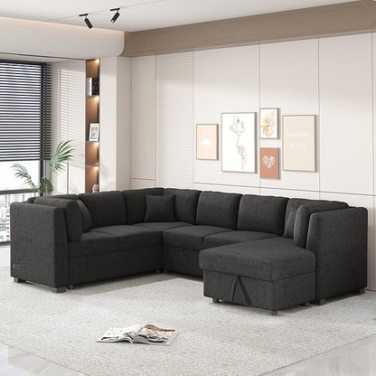 Ball & Cast 108.6" Sleeper Sectional Pull Out Sofa with 2 USB Ports,Two Power Sockets,Versatile U-Shape Couch w/ 3 Back Pillows and Storage Chaise,for Living Room,Office,Apartment,Black
