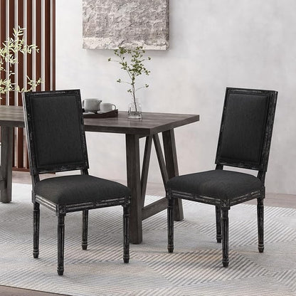 Merax Upholstered Solid Wood Dining Chairs Set of 2, French Country Style Accent Side Seating Furniture for Kitchen, Living Room, Cushioned Back, Black