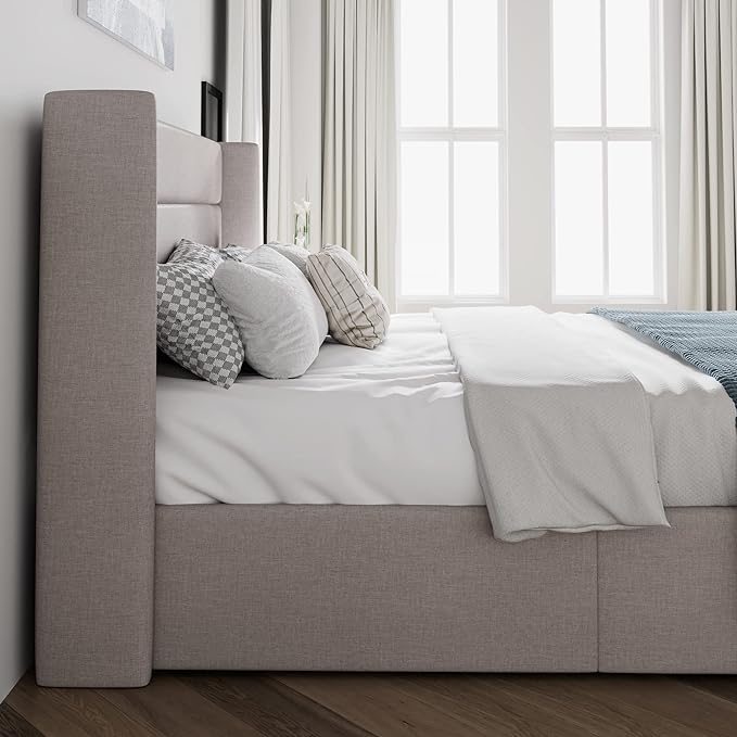 SHA CERLIN King Size Lift Up Storage Bed/Modern Wingback Headboard/Upholstered Platform Bed Frame/Hydraulic Storage/No Box Spring Needed/Wood Slats Support/Light Beige