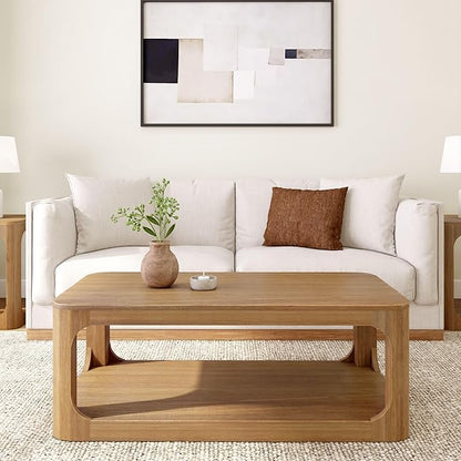 Plank+Beam Forma Coffee Table, Solid Wood 48 Inch Modern Coffee Table with Shelf, Contemporary Center Table with Storage Space, Rectangle Tea Table with Storage, Pecan